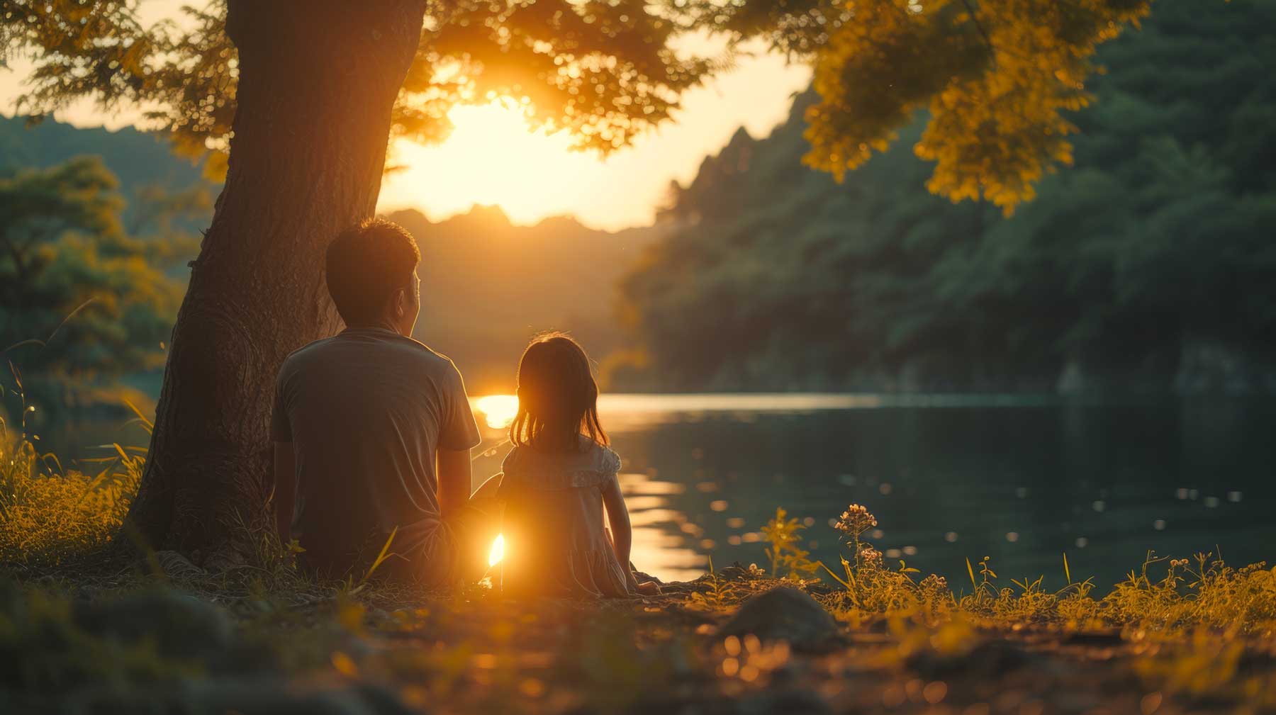 deux personnes qui regardent le soleil se coucher sous un arbre devant un lac